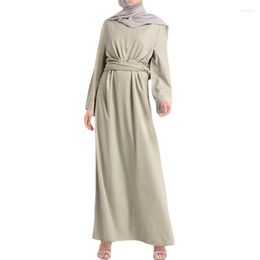 Ethnic Clothing Middle East Saudi Arab Dubai Women Abaya Solid Color Belt Beam Waist Dress Elegant Long Sleeves Slim Lady Dresses