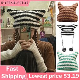 Beanie/Skull Caps Y2K Punk Japanese Streetwear Harajuku Beanie Little Devil Striped Knitted Hat Women Girls Autumn Winter Cute Cat Ears Caps 230915