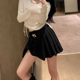 Skirts Home Early Autumn New Letter Metal Buckle A-line Women's 100 Pleated Half length Dress Spicy Girl Versatile Short Skirt Gives Belt