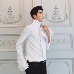 white black stand ruffled collar flare sleeve prince stage mens tuxedo shirts party event shirts Asia size321G