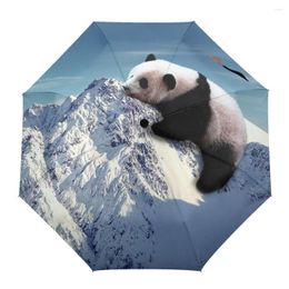 Umbrellas Snow Mountain Panda Windproof Travel Folding Umbrella For Female Male Eight Bone Automatic Printed Parasol