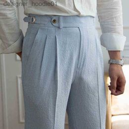 Men's Pants Summer Seersucker High Waist Straight Pants British Petty Bourgeoisie Blue Stripe Italian Casual Trousers Men Pantalones L220702 L230915