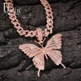 Uwin Iconic Butterfly Pendant 9mm Rose Gold Cuban Chain Cubic Charm Pink Tennis Chain Necklace Men Women Hip Hop Jewellery Gift241R
