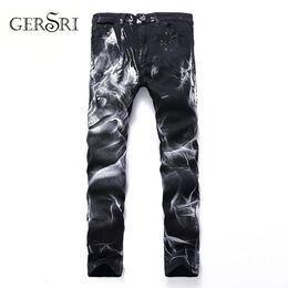Gersri Night Club Mens 3D printing Jeans Black Wolf Pattern Printed Punk Slim Straight Cotton Casual Print Denim Pants Plus Size279s