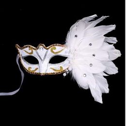 Venetian Masquerade Mask on Stick Mardi Gras Costume Eyemask Printing Halloween Carnival Hand Held Stick Feathers Party Mask270v