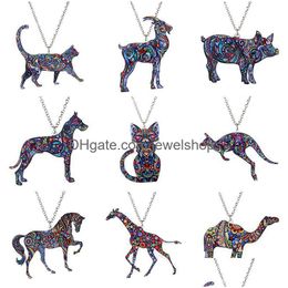 Pendant Necklaces Colorf Double Side Acrylic Printing Cat Dog Dragon Horse Camel Necklace For Women Costume Sweater Chain Handmade Ani Dhade