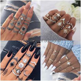 Cluster Rings Bohemian Midi Knuckle Finger Set For Women Vintage Turtle Elephant Lotus Moon Crystal Gold Sier Boho Jewellery Drop Delive Dhnxw