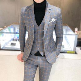 Men Dress Pants Vest 3 Piece Suits Male Wedding Autumn Business Formal Plaid Suit Luxury Slim Fit Coat Trousers3026