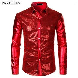 Men's Casual Shirts Red Metallic Sequins Glitter Shirt Men 2021 Disco Party Halloween Costume Chemise Homme Stage Performance3076