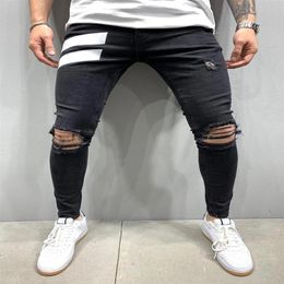 Men Skinny Denim Biker Side Striped Jeans Ripped Pencil Pants Destroyed Hole Hip Hop Slim Fit Man Scratched Jean Hombre Pantalon231H