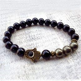 SN0591 New Design Pyrite Hamsa bracelet Fatima Hand bracelet For Men Onyx and Pyrite bracelet Hamsa Jewelry248i
