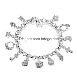 Charm Bracelets Luxury 925 Sterling Sier Chains Key Lock Cross Rings Star Moon Love Heart Lobster Clasp Bangle For Women Fashion Drop Dh4Ew