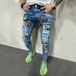 Men's Jeans Kenntrice S Printed Patchwork Trendy Design Ripped Distressed Embroidery Denim Long Men Pants Plus Size289O