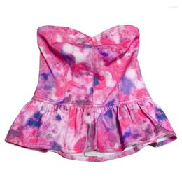 Women's Tanks Backless Sexy Pink Tie Dyed Tank Tops For Women 2023 Summer Fashion Denim Cropped Top Female Vests Y4038