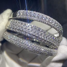 Sparkling New Arrival Luxury Jewellery 925 Sterling Silver Fill Pave White Sapphire CZ Diamond Women Wedding Bangle Finger Bracelet 2062