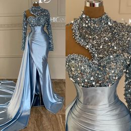 Sexy Sky Blue Mermaid Evening Sequins High Neck Long Sleeves Formal Party Prom Dress Pleats Dresses For Special Ocn Es es