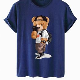 Men's T-Shirts High-quality Street Selfie Bear Print Cotton Short-sleeved O-neck Loose Casual Top T-shirt Female Oversized Co199l