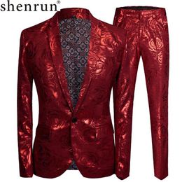 Shenrun Men Slim Fit Suit Red Rose Skinny Wedding Groom Suits Stage Costume Singer Jacket Single Breasted Casual Blazer2466