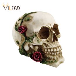 Decorative Objects Figurines Vilead Rose Skull Statue Halloween Decoration Resin Skeleton Head Crafts Animal Props Counter Home Sculpture Gift 230914