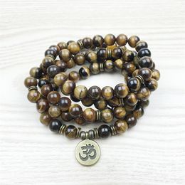 SN1148 Fashion Tiger Eye 108 Mala Bracelet Om Buddha Bracelet or Necklace Yoga Bracelet 4 Wrap Natural Stone Bracelet2921