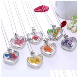 Pendant Necklaces Fashion Dried Flowers Plant Specimen Bottle Glass Love Heart Pendants For Women Locket Party Jewellery Drop Delivery Dhr0E