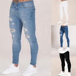 Mens Ripped Jeans Casual Skinny slim Fit Denim Pants Biker Hip Hop Jeans with sexy Holel Skinny Distressed Denim Pants215i