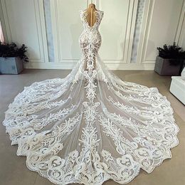 2021 Plus Size Arabic Aso Ebi Vintage Sexy Lace Wedding Dresses See Through Mermaid Bridal Dresses Sheer Neck Wedding Gowns ZJ266306W