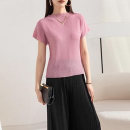 Women's T Shirts Miyake Pleated Tops Round Neck Loose T-shirt Women 2023 Summer Pullover Solid Colour Machine Embroidery All-Match Top