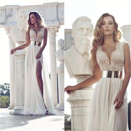 Exquisite Beading Julie Vino In Stock Wedding Dresses Ivory V-Neck Gold Belt A-Line Side Slit Floor-length Chiffon Bridal Gowns245D
