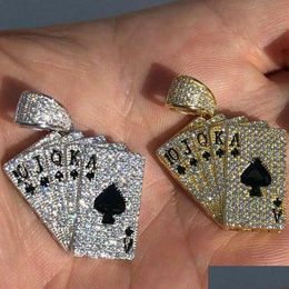 14K Plated Zircon Cards Deck Royal Flush Ace Of Spades Diamond Pendant Necklace Iced Hip Hop Gold Sier For Men Women Gifts Drop Delivery