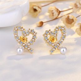 925 silver OL sweet love heart stud earrings with shining crystal bling diamond 18K gold luxury pearl designer ear rings earings e3271