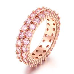 Iced 2 Row 360 Eternity Pink Stone Rings Micro Pave Cubic Zirconia Rose Gold Plated Simated Diamonds Hip Hop Ring For Men Women Drop Deliver