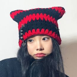 Beanie/Skull Caps Handmade Striped Cat Ears Beanies Hats for Women Autumn and Winter Casual Warm Japanese Y2k Devil Pullover Knitted Caps Men 230915