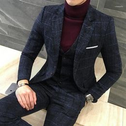 3 Piece Suits Men Latest Coat Pant Designs Royal black Mens Suit Autumn Winter Thick Slim Fit Plaid Wedding Dress Tuxedos11264N