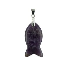 Pendant Necklaces Natural Stone Fish Pendants For Diy Making Jewelry Necklace Healing Chakra Crystal Fishes With Sier Findin Dhgarden Dh1Ow