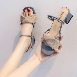 Sandals Slippers Summer 2023 Pointed Toe Thick Heel Shoes Baotou Medium High Heels Large Size 40 Spring Women's