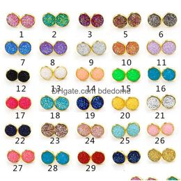 Stud Stainless Steel Hypoallergenic Earrings 30 Colour 12Mm Druzy Resin Stone Gold Sier Ear Rings For Women Luxury Jewellery Gift Drop De Dhnaj