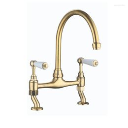 Kitchen Faucets High Quality Bridge Double Handle Antique Luxury Brass Gold Faucet