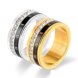 Solitaire Ring Fashion New Roman Numeral Rotate Rotation Ladys Rings Stainless Steel Gold Black Rotatable Rotating Rome Number Jewelry Dhero