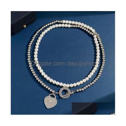 Luxury Letter Love Heart Necklace Bracelet Stainless Steel Design Ot Button Double Pearl Bead Diamond Clavicle Chain With Drop Delivery