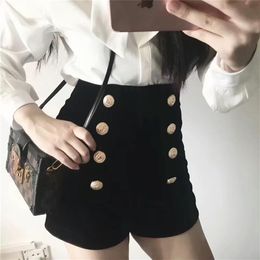 New design fashion women's sexy high waist velvet gold Colour buttons double breasted shorts boot cut short pants SMLXL298b