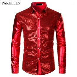 Men's Casual Shirts Red Metallic Sequins Glitter Shirt Men 2021 Disco Party Halloween Costume Chemise Homme Stage Performance309N