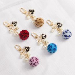 Keychains Cute Hairball Love Keychain Gold Silk Fur Leopard Print Round Ball Car Diamond Pearl Case And Bag Pendant