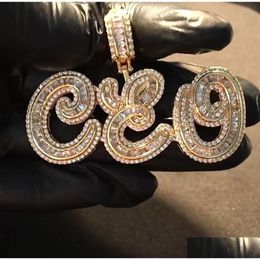 A-Z Custom Name Baguette Cursive Letters Pendant Necklace Gold Sier Cubic Zirconia Men Women Hiphop Jewelry Drop Delivery