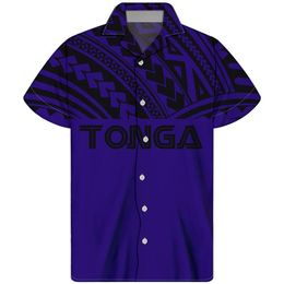 Men's Casual Shirts HYCOOL Tonga Tattoo Print Navy Blue Vintage Short Sleeve Men Shirt Button Up Oversize Hawaiian Beach Cust2408