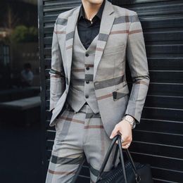 Fashion Plaid 3 Pcs Men's Suit Wedding Dress Groom Large Size Slim Casual Tuxedo Banquet Party Business Formal 5XL Suits & Bl280q