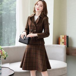 Work Dresses Vintage Women Button Cheque Gingham Plaid Blazer High Waist A Line Mini Short Skirts Long Sleeve Suits 2 Pieces Set