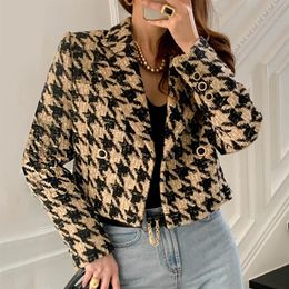 2021 Autumn new design women's double breasted turn down collar houndstooth grid pattern tweed woolen short coat jacket casac319b