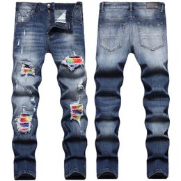 Men's Jeans High Street Personalized Patch Autumn and Winter Elastic Slim Fit Small Feet Trendy Pants