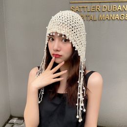 Beanie/Skull Caps New Winter Women Hat All Seasons Knitted Beanie Hat Lady Crochet Pearl Skullies Beanies Vintage Female Tassels Beanies for Women 230914